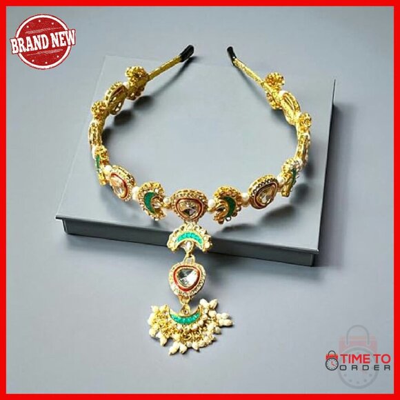 Bridal Headpiece with Attached Tikka Kundan Hair Accessory Adjustable main image 6